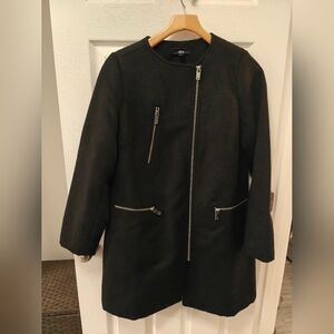 Ellos Wool Blend Trench Coat Long Length Jacket Black Zip Up